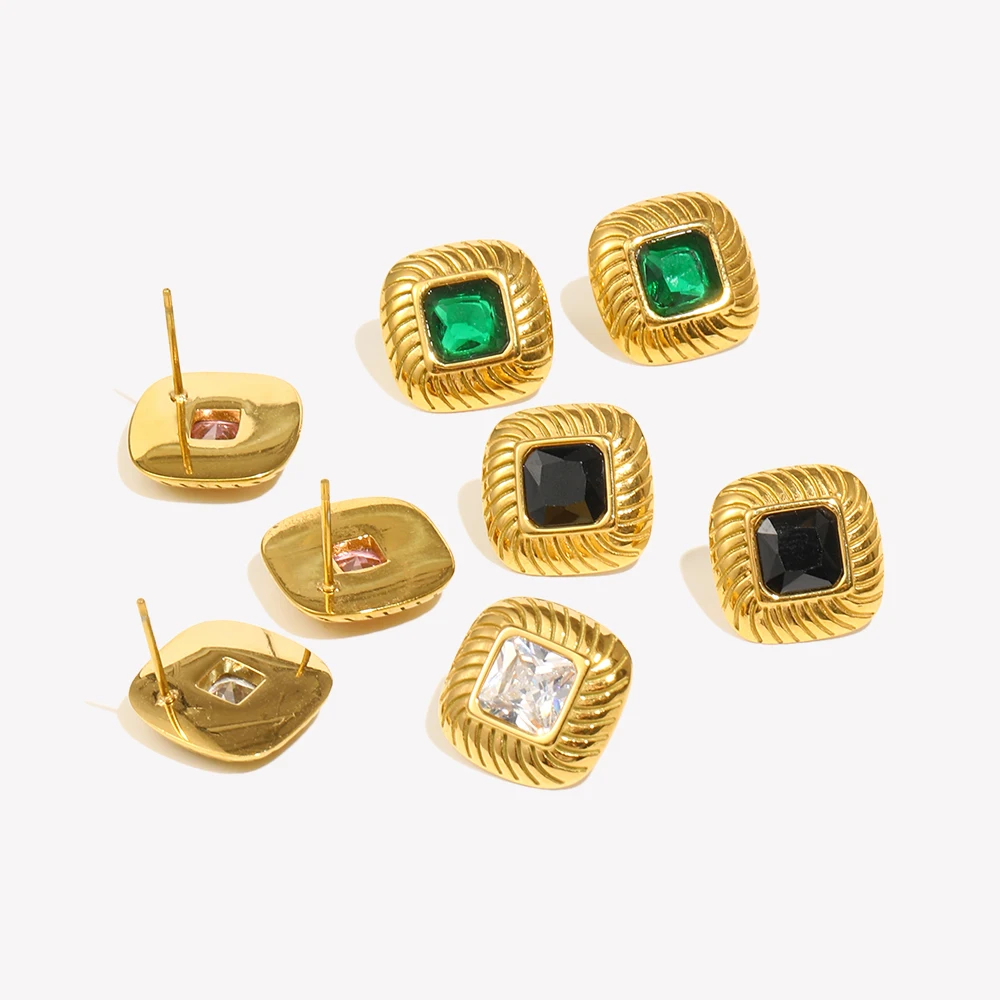E.B.belle 2024 New Stainless Steel Small Square Texture Zircon Stone Stud Earrings Green Black Pink White Luxury Party Earring