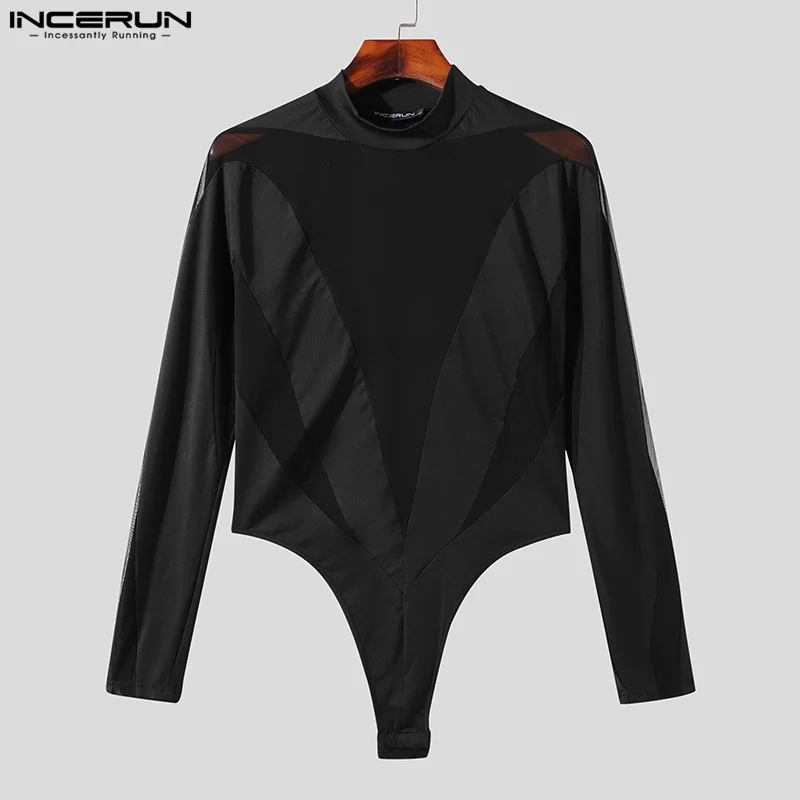 INCERUN 2023 Men Bodysuits Mesh Patchwork Turtleneck Long Sleeve Rompers Fashion Male T Shirt Transparent Streetwear Bodysuit