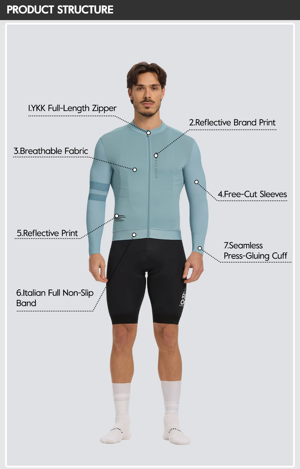 RION Herren-Radtrikot mit langen Ärmeln, Rennradtrikot, UPF 50+ Sonnenschutz, MTB-Radtrikot, Outdoor-Ausrüstung, schmale Passform, Größe 15-24 ℃ – Detail 11
