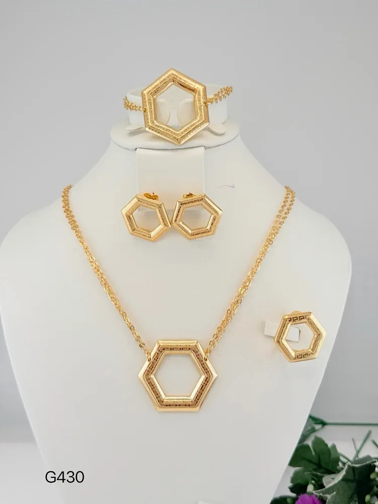 Textured Popular Three Tone Hexagon Italian Jewelry Stunning Necklace Brazalete Aretes Anillo 4PC Jewels Set for Wedding Party
