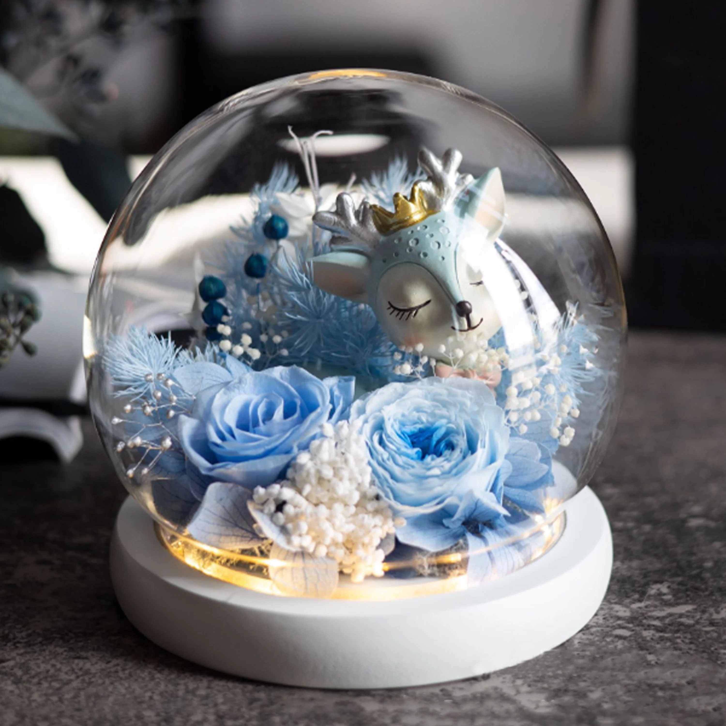 Preserved Real Flowers in Glass with LED Light Deer Roses,Gifts for Her Valentine's Mother's Day Anniversary Birthday Christmas