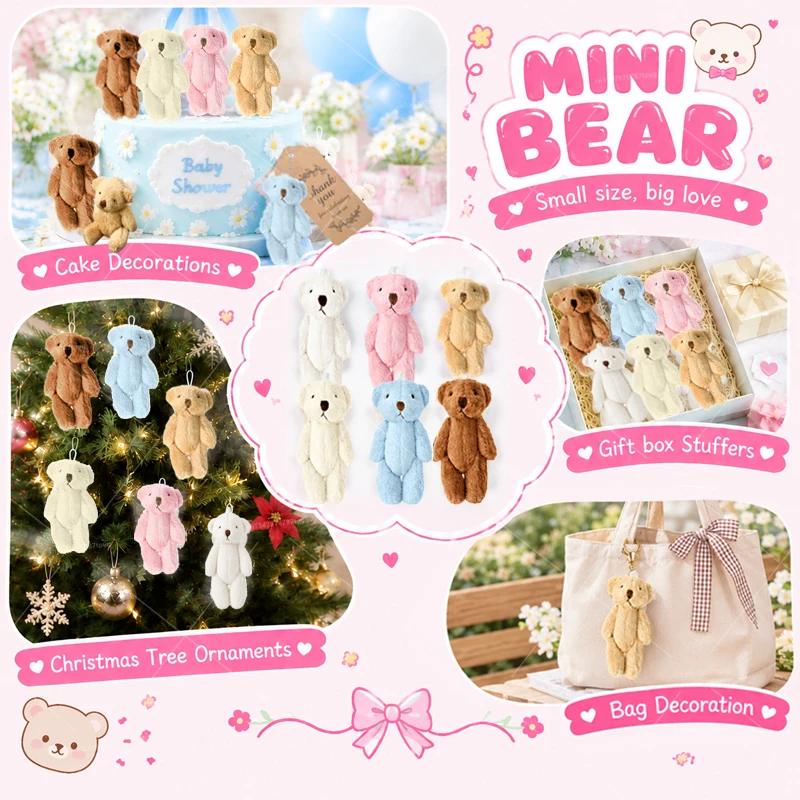 10-150Pcs Mini Bear 6cm Plush Stuffed Joint Bear Baby Shower Keychain Birthday Cake Graduation Wedding Party Favors Gifts view 4