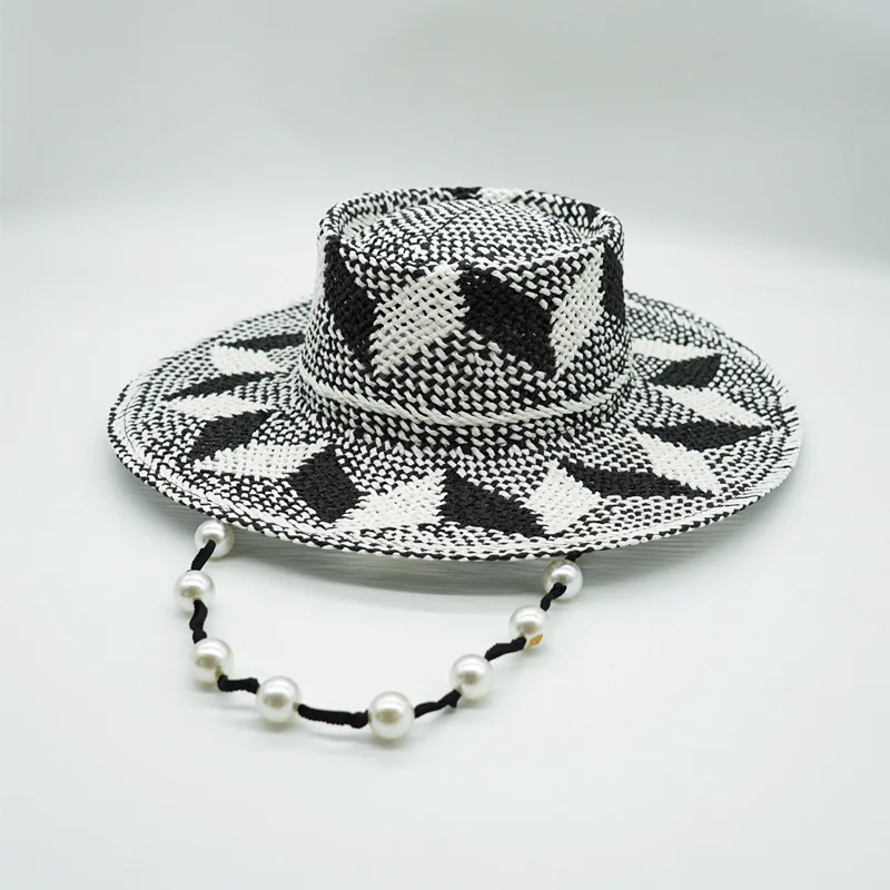 Black White Pattern Toquilla Straw Hats Summer Panama Hats Pearls Chain Sun Hats for Women Men Handmade Fedora Beach Travel Hat