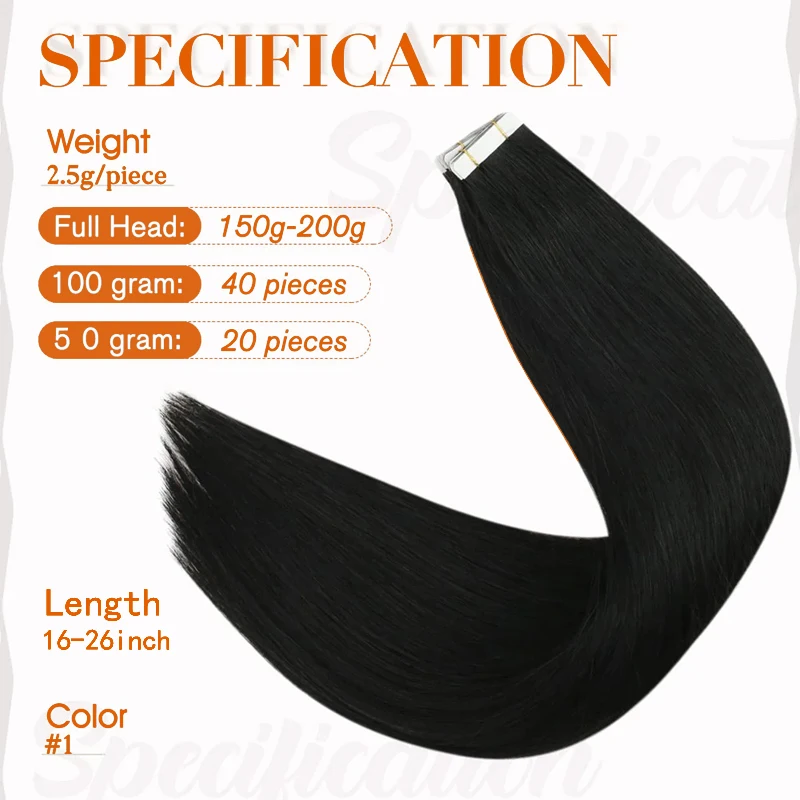 Straight Tape in Hair Extensions Human Hair 100% Real Human Hair 16-26 inches Skin Weft Tape Hair Extensions Natural Black #1B