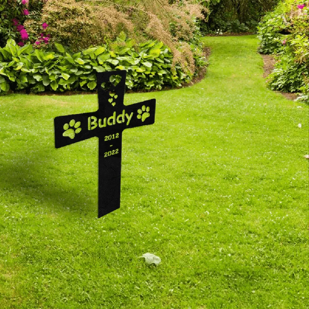 Special Metal Stake: Personalized Dog Paw Print Tombstone Marker - Cross Garden Stake for Pet Loss - Dog Mom Gift image 4