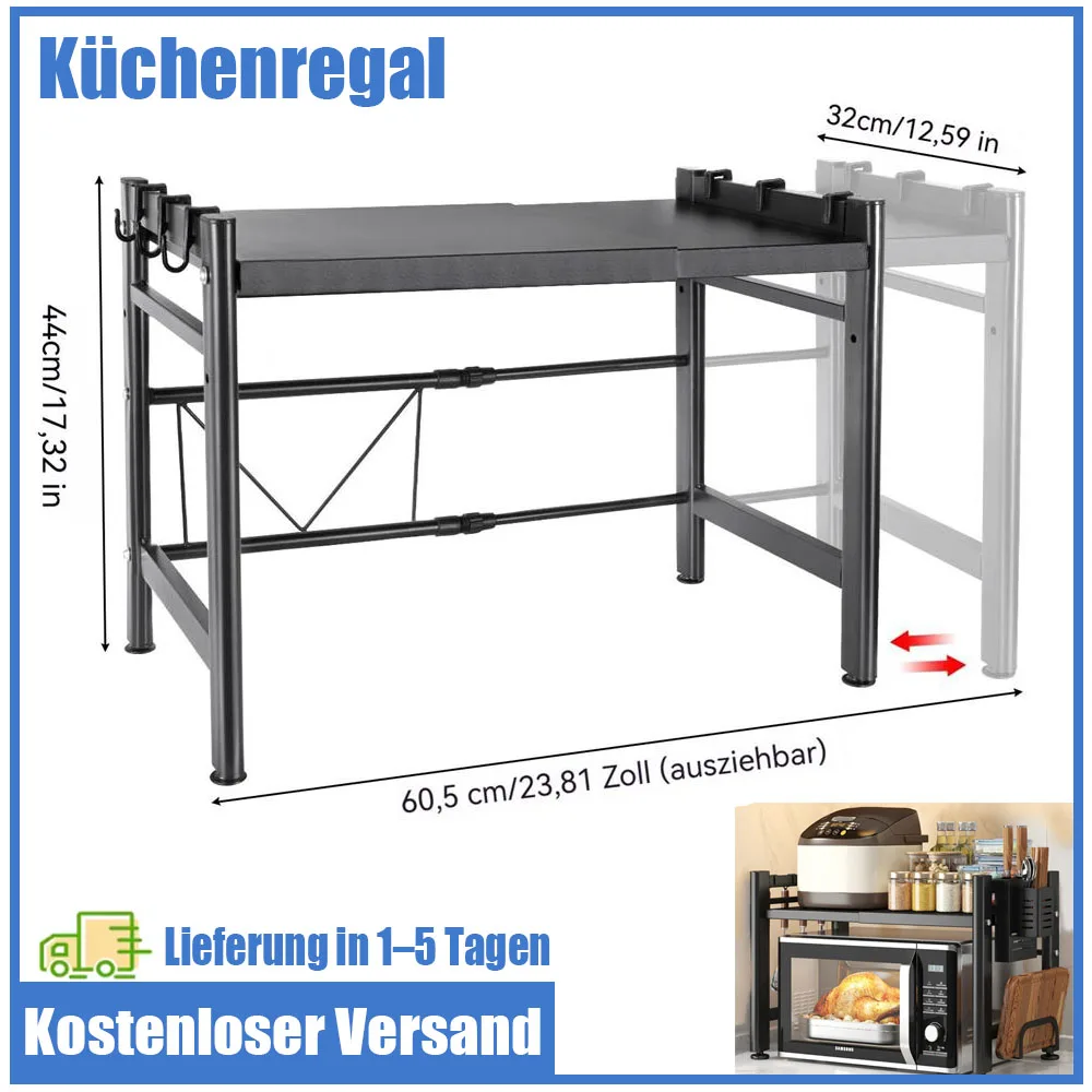 40-64cm intrekbare magnetronplank, verstelbaar, 6 haken, keukenplank, antislipvoeten, stabiele magnetronstandaard, keukenwerkblad