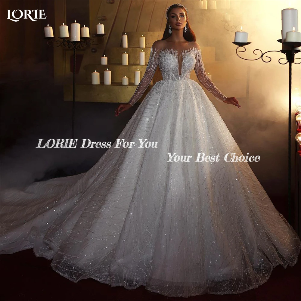 LORIE Arabia Glitter Lace Wedding Dresses Shiny Off Shoulder Long Sleeves Striped Bridal Gowns Sparkly Princess Bride Party Gown