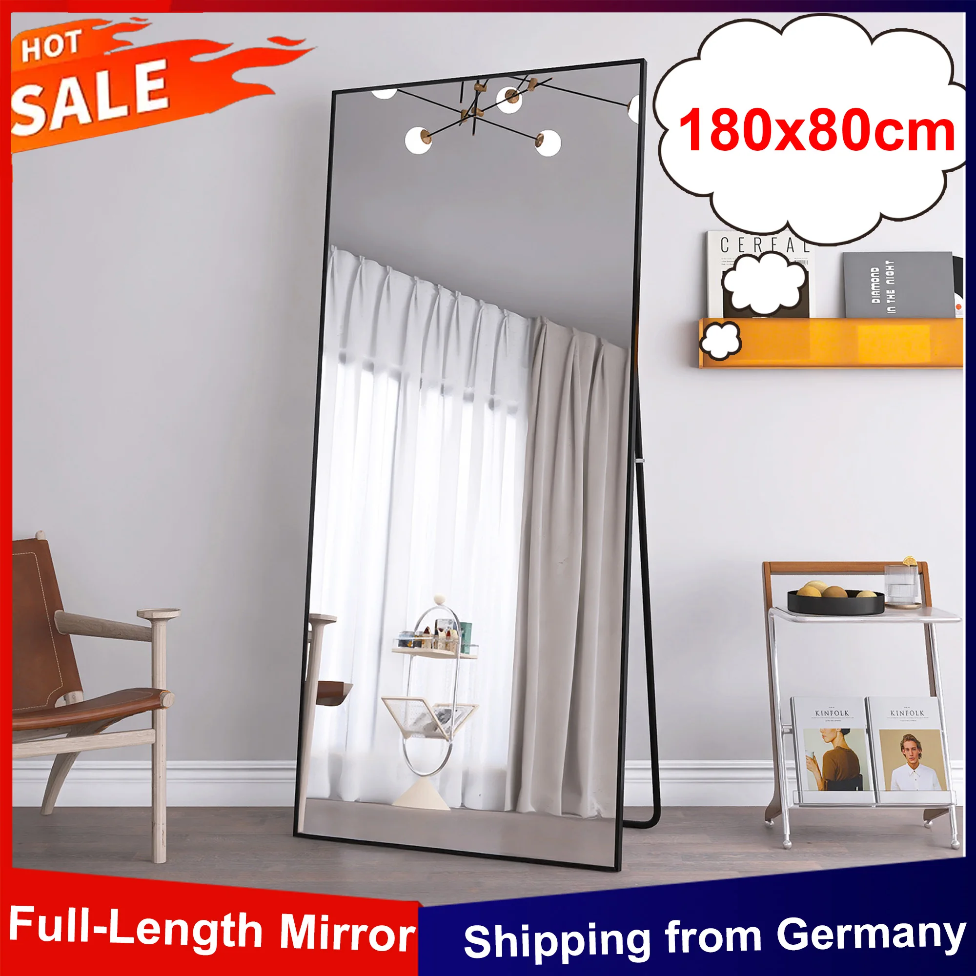 Anajqaqia Specchio a figura intera 180x80 cm, specchio rettangolare da pavimento o da parete 2 in 1, specchio da sospensione HD per soggiorno camera da letto