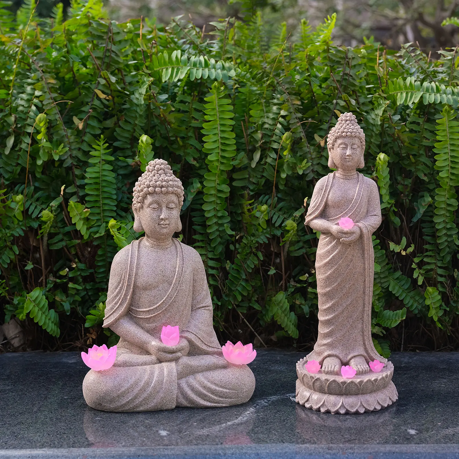 

Статуя Будды с солнечной подсветкой, подарочная садовая скульптура из смолы, китайская фигурка для декора улицы, дома, сада, двора, газона, патио