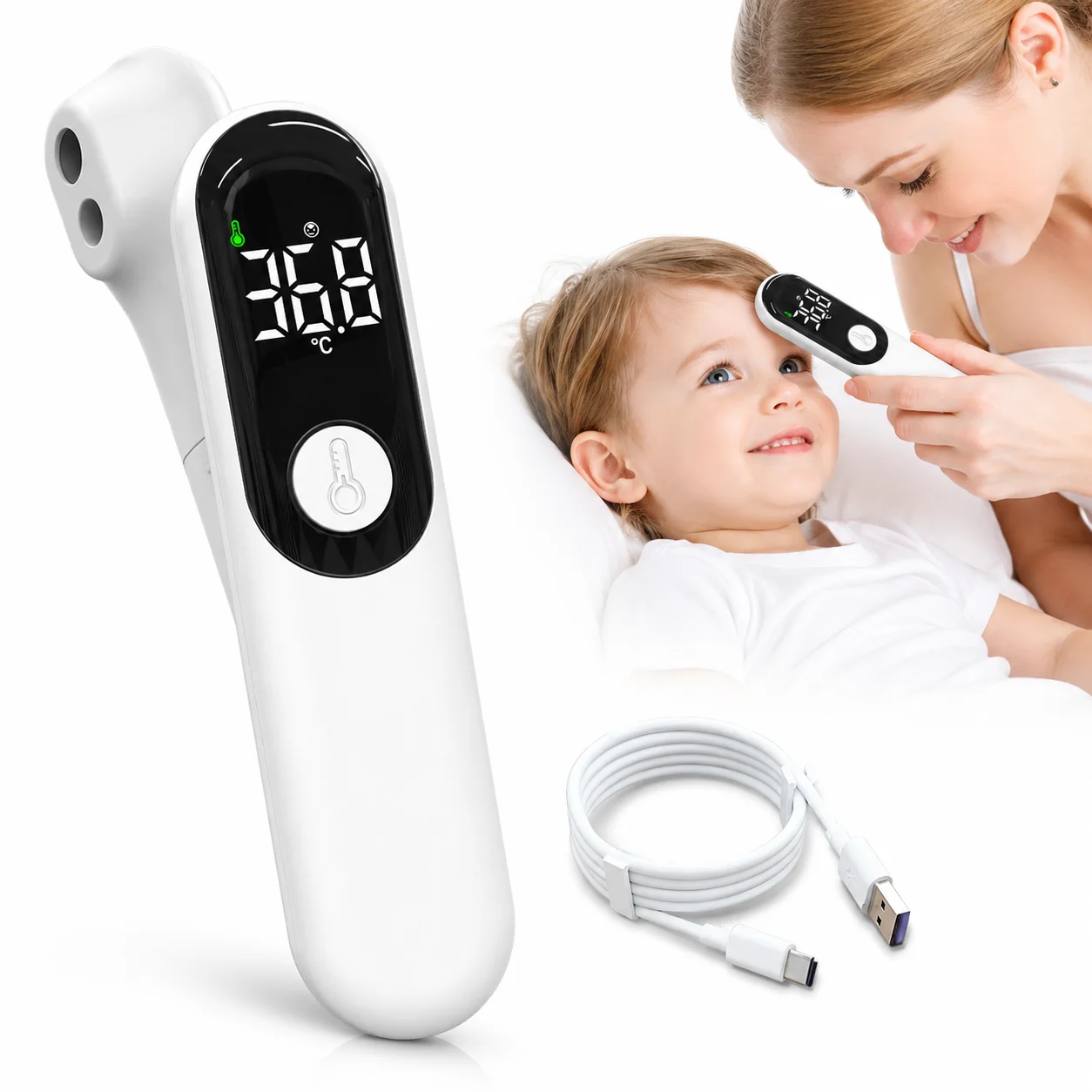 Non Contact Infrared Forehead Thermometer for Adults Kids Baby, 1 Second Fast Reading, Large LED Display, Silent Night Mode, °C/°F Switch, Rechargeable Li-ion Battery, 15-55mm Measuring Distance, Compact Digital Temperature Meter for Home Travel