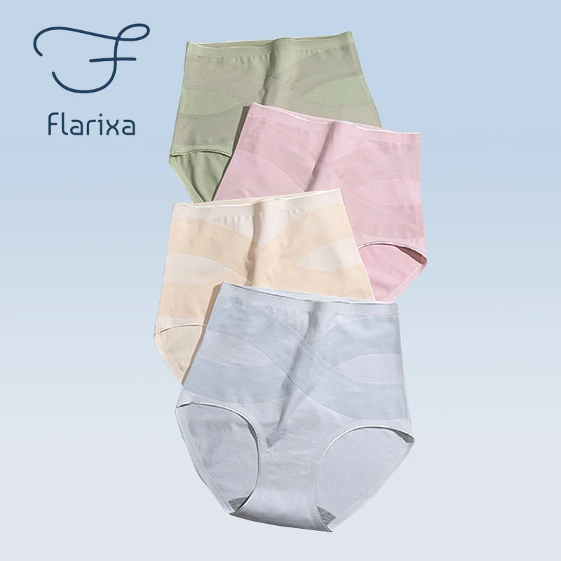 Flarixa Seamless Women High Waist Cotton Panties Cross Tummy Control Underwear Girls Briefs Breathable Solid Color Underpants