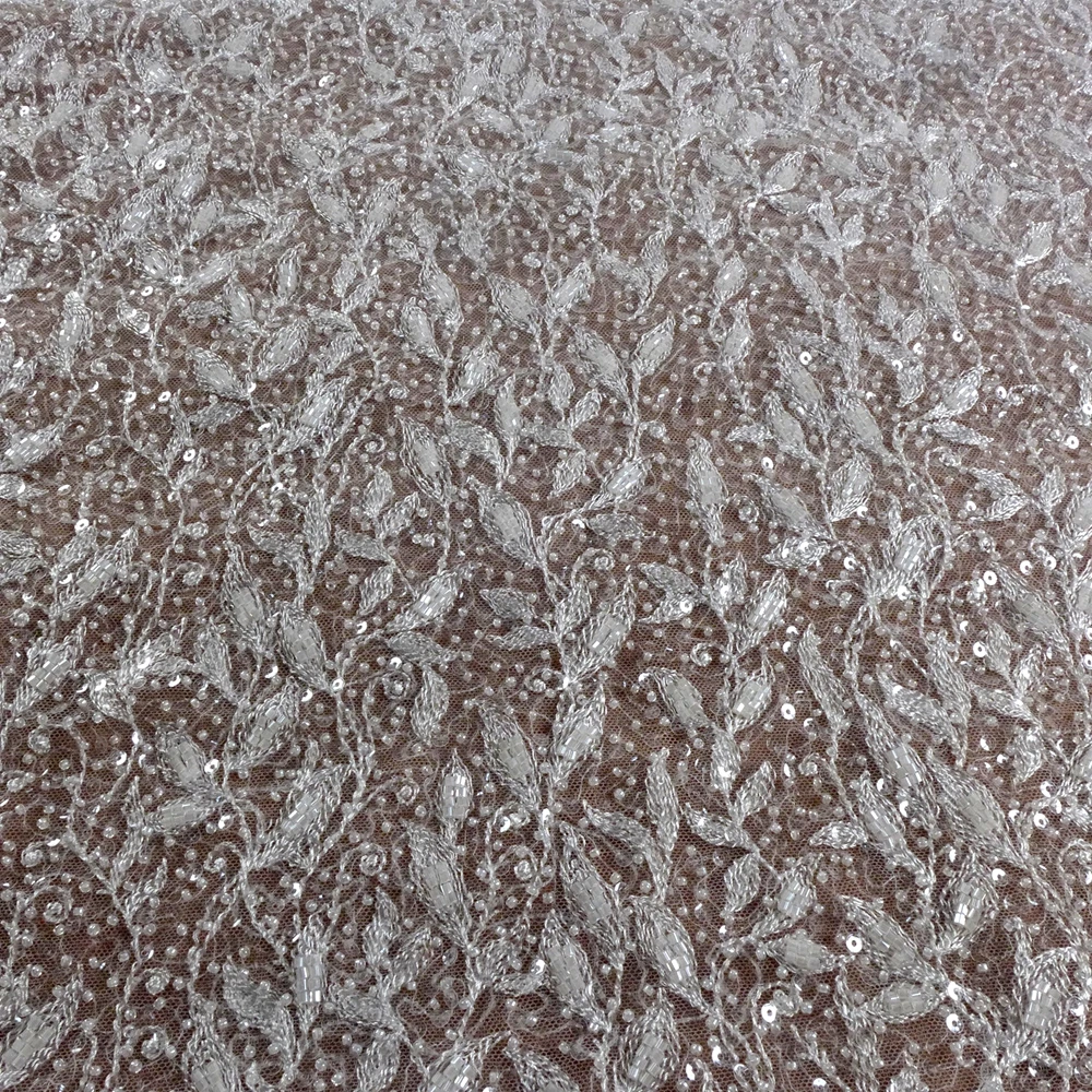 HelluyerDc Off white Small leaves beaded lace fabric,simple embroidery for wedding prom dress fabric ,can be use as lining