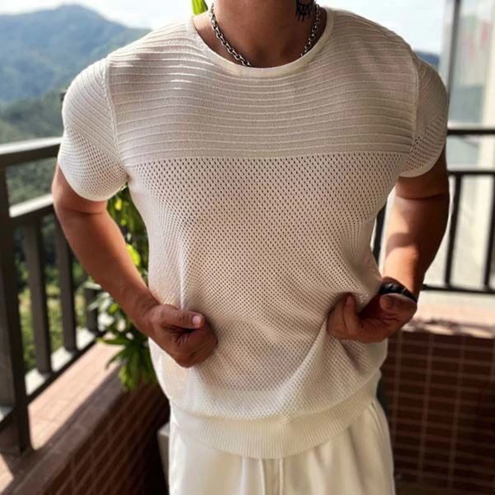 Mens Sexy Stretch See-Through Hollow Knitted T-Shirt Genderless 2024 New Nightclub Shaping Personalized Niche Tops Unisex