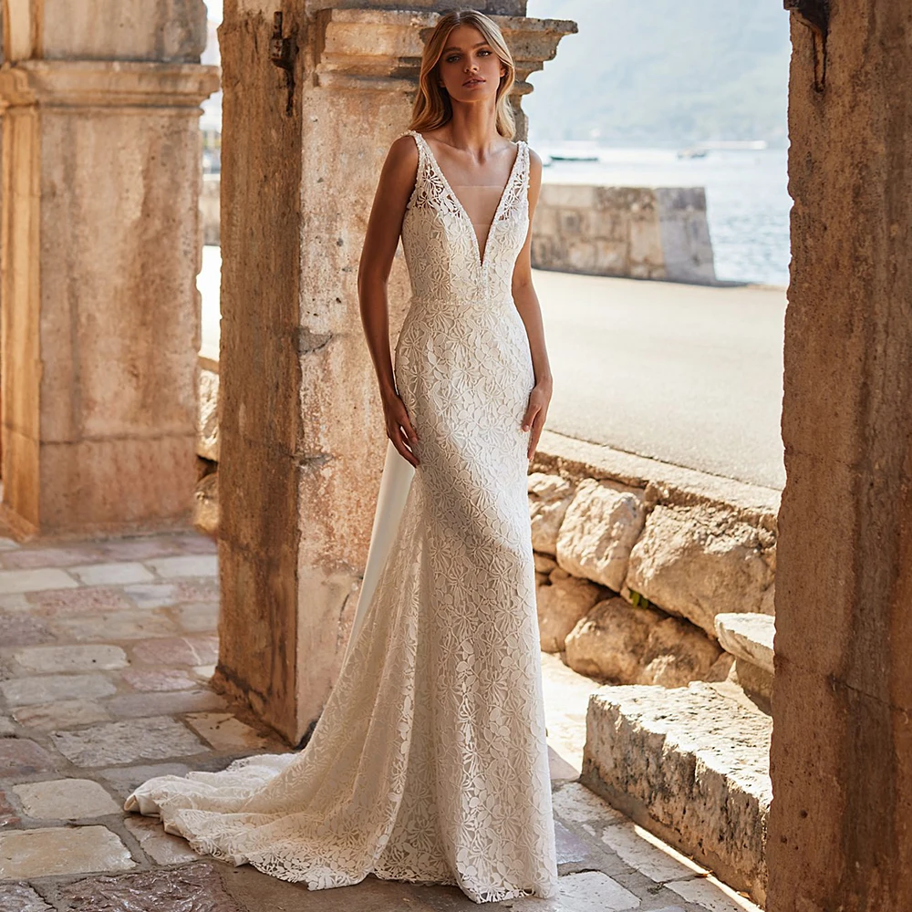 Robe de mariée sirène en dentelle à col en V pour dames, train de cour exquis personnalisé, patients féminins, quelle que soit la fermeture éclair au dos