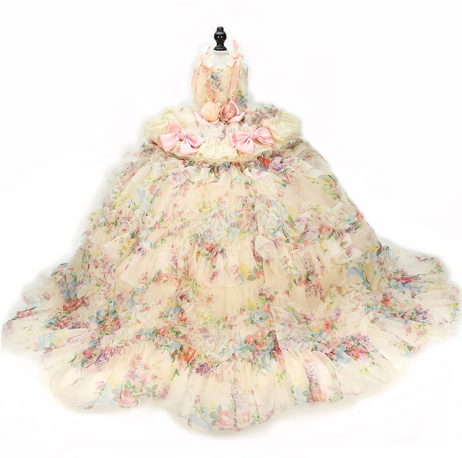 Handmade Floral Ruffle Mesh Bowknot Detachable Train Pet Dress Luxury Layered Princess Gown for Small Dogs Wedding Party Outfit