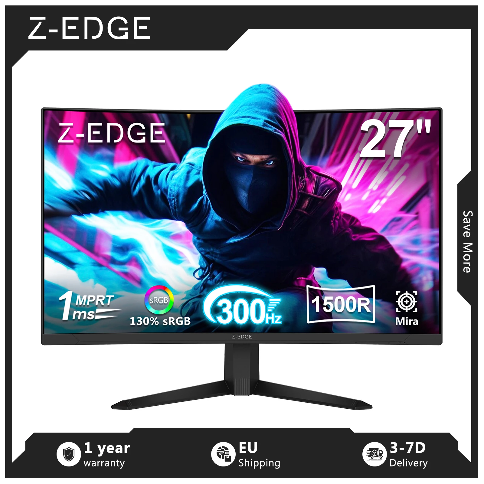 Z-EDGE Monitor curvo para juegos de 27 pulgadas y 300 Hz, monitor LED Full HD de 1920x1080, 1 ms MPRT, HDR10, FreeSync, curvatura 1500R, brillo de 300 cd/m², panel VA 16:9, 130% sRGB, diseño de bisel ultradelgado, compatible con VESA