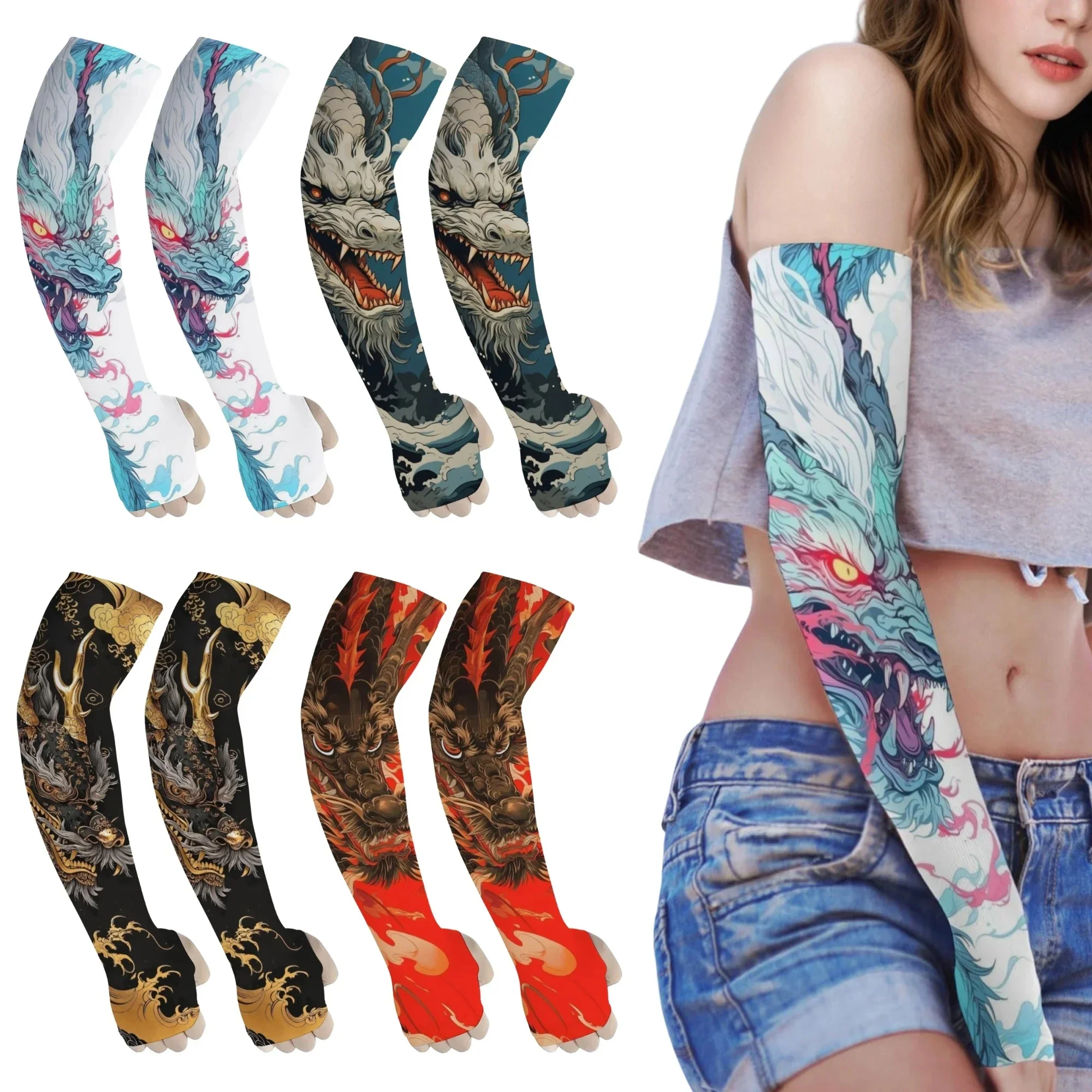 Une paire de manchons de bras en soie glacée imprimé dragon rétro, nouveauté, protection solaire en plein air, antidérapants, manches de sport cool, manches de jardinage