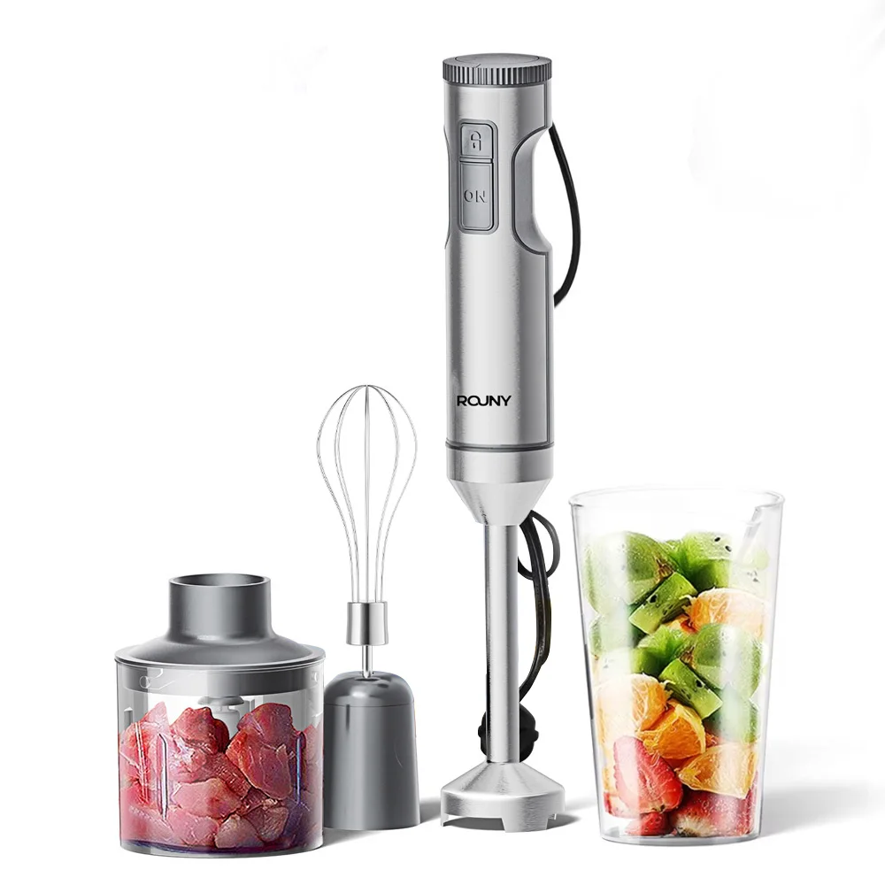 ROUNY – ręczny blender o mocy 1200 W, wielofunkcyjny blender z regulacją prędkości, 500 ml pojemności, z funkcją siekania, trzepaczką i miarką, rękojeść ze stali nierdzewnej 304, idealny do — 2