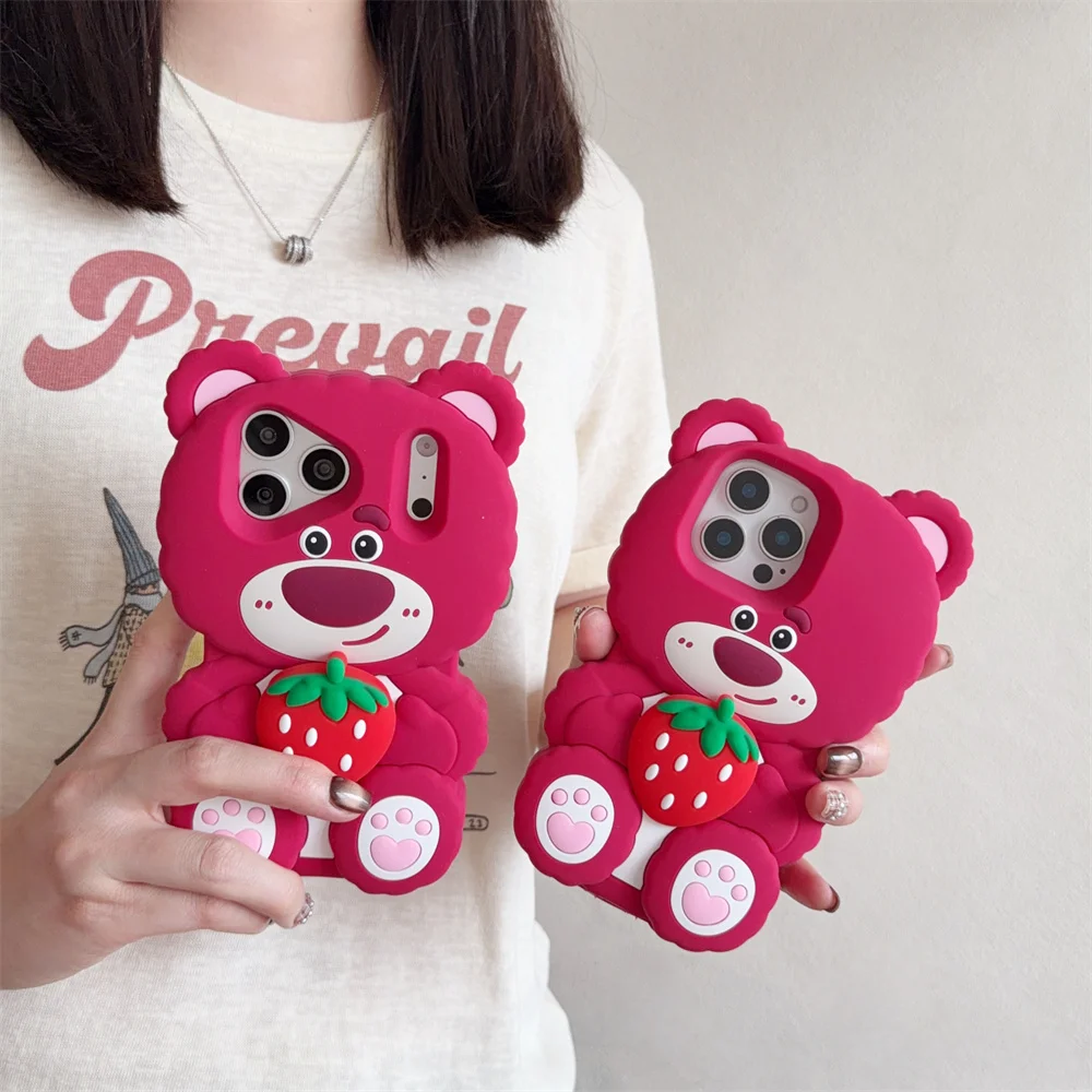 Cute Strawberry Bear Silicone Soft 3D Phone Case for iPhone 15 plus 16 Pro 17E 16 15 14 13 17 Pro Max Cover Shockproof Cover