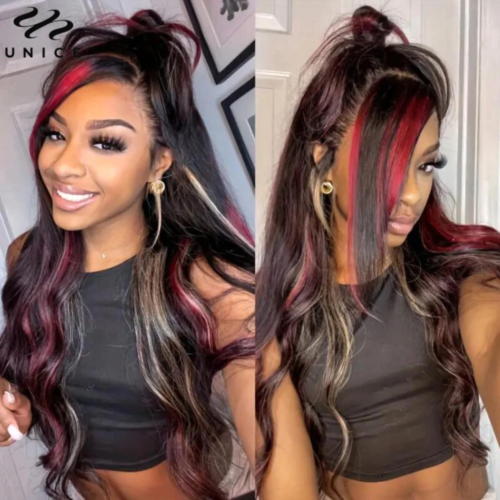 UNice Hair Bye Bye Knots 7x5 Glueless Wig Human Hair Red Blonde Highlight Loose Wave Wigs Pre Bleached Pre Cut Lace Closure Wig