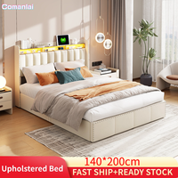 Comanlai Upholstered Bed,140 x 200 cm with Storage Space and LED Headboard, Hydraulic Double Bed Frame,Without Mattress,Beige