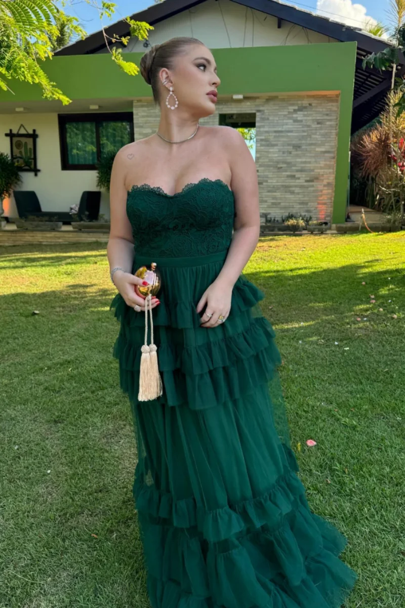 Annie Sexy Off-shoulder Prom Dresses Lace Embroidered Tulle Evening Dresses Green A-shaped Curled Edge Multi-layer Prom Dress