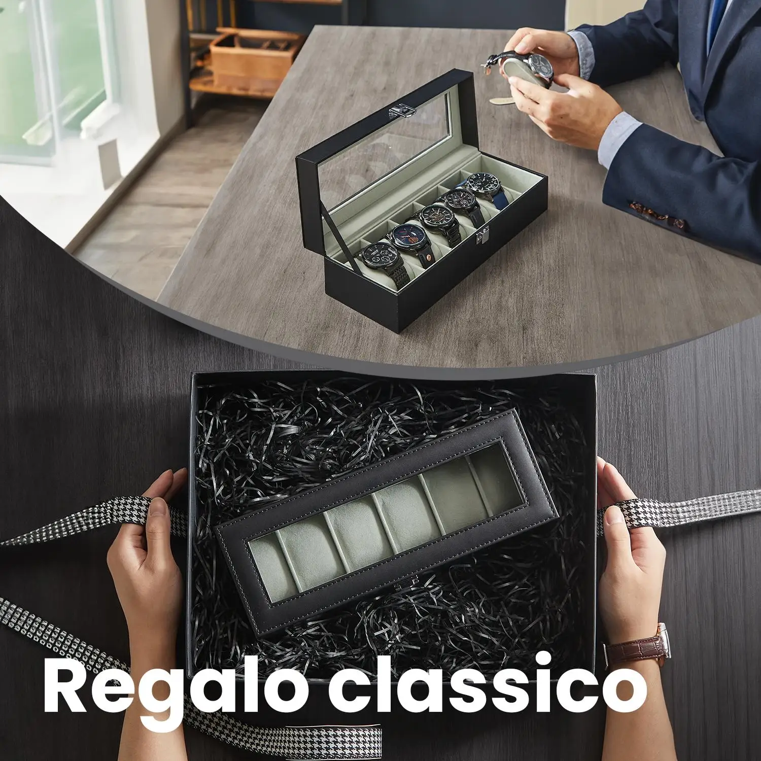 SONGMICS Porta Orologi a 6 Posti, Scatola Portaorologi, Coperchio in Vetro, Cuscini Rimovibili, Chiusura in Metallo, Idea Regalo, Superficie in PU Nera, Interno Grigio Verdastro/Interno Marrone