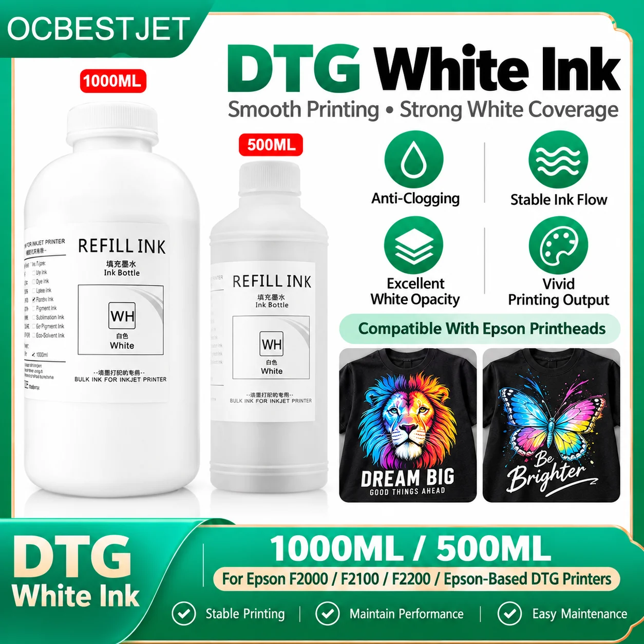 1000ml 500ml White DTG Ink Textile InK Garment Ink DX5 DX6 DX7 TX800 5113 4720 I3200 For Epson L800 1390 R1900 R2000 F2000 F2100