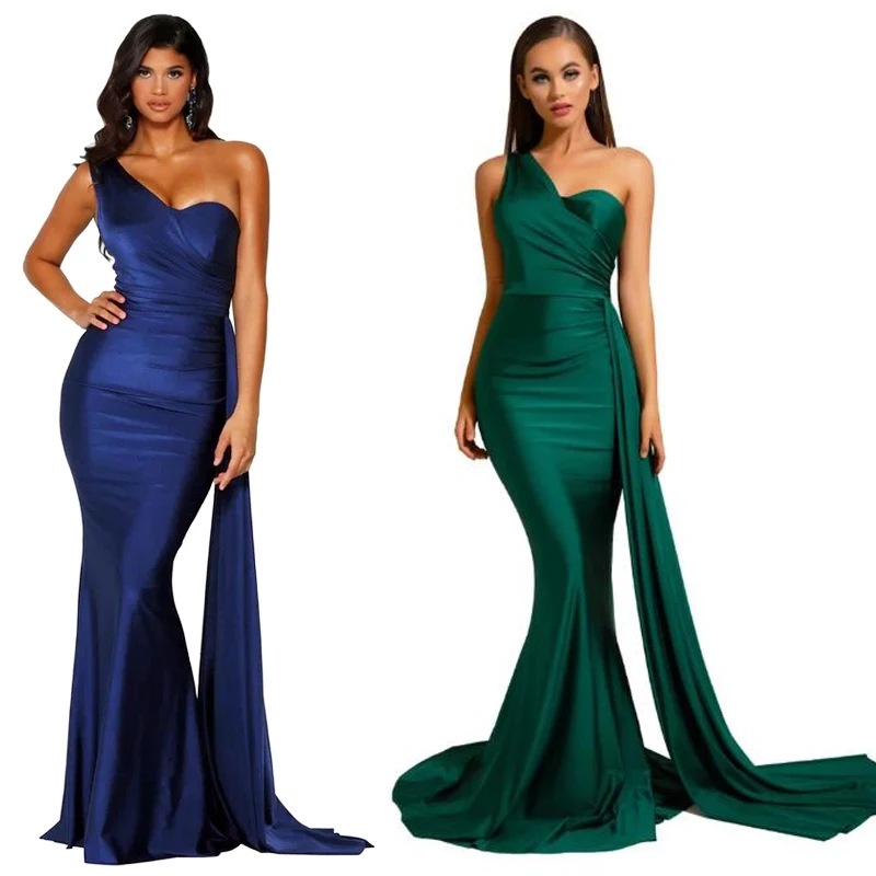 One Shoulder Padded Sexy Satin Ruched Bridesmaids Dress Side Train Sleeveless Bodycon Evening Night Party Gown Burgundy Green