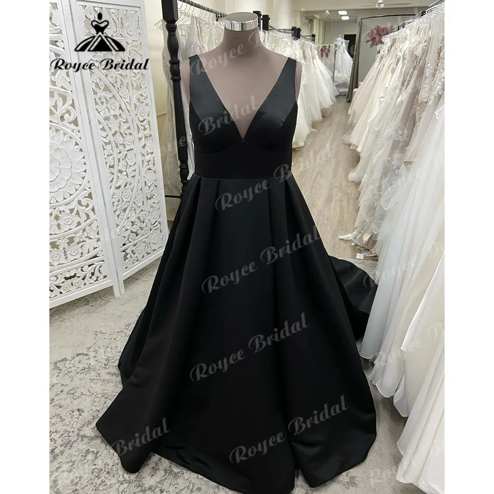 Vestido de casamento vintage de cetim macio para mulheres, decote em v, sem costas, preto, vestido de festa nupcial, personalizado, 2024