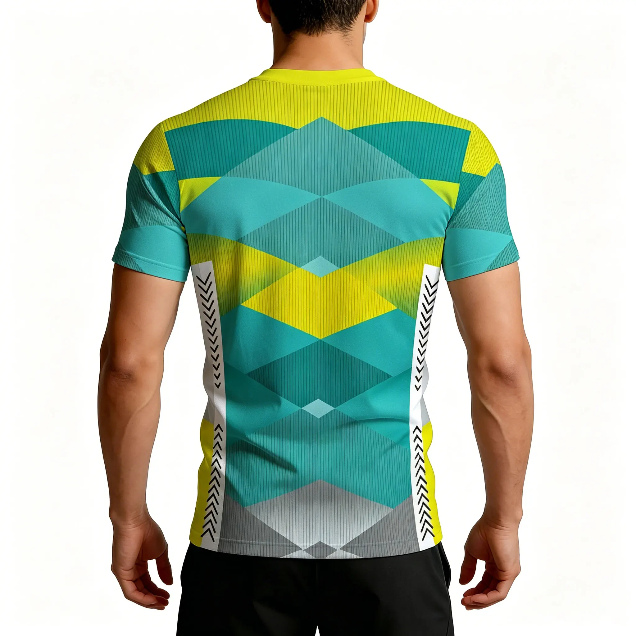 Men's Teal Lemon Yellow Gray Abstract Diamond Triangle Geometric Full Print Quick Dry T-Shirt, Breathable Lightweight Running Cy