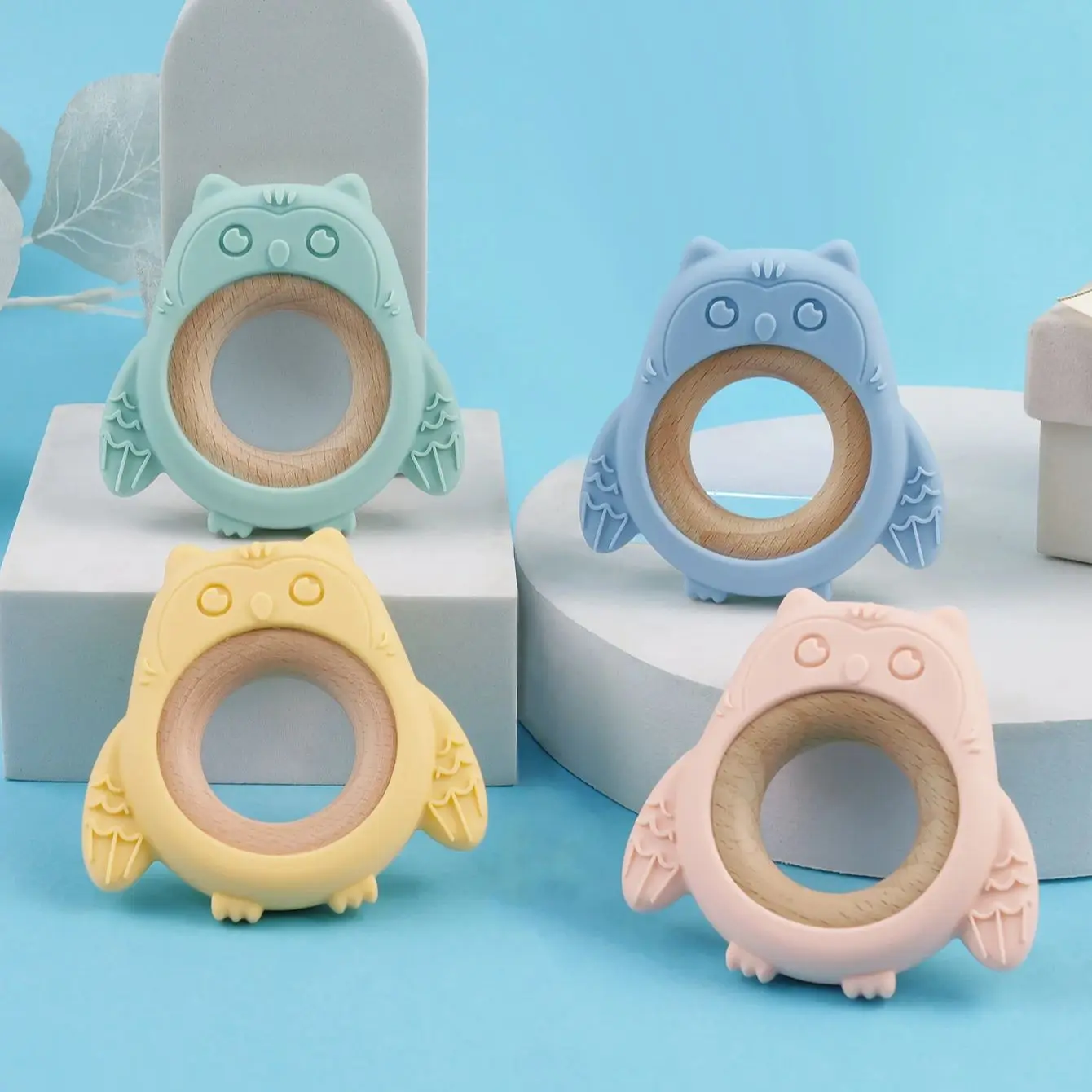 

TYRY.HU 1pcs Baby Silicone Teether Cartoon Owl Shape Wooden Ring Teething Toys Infant Chewing Nursing Toy Newborn Teeth Molar