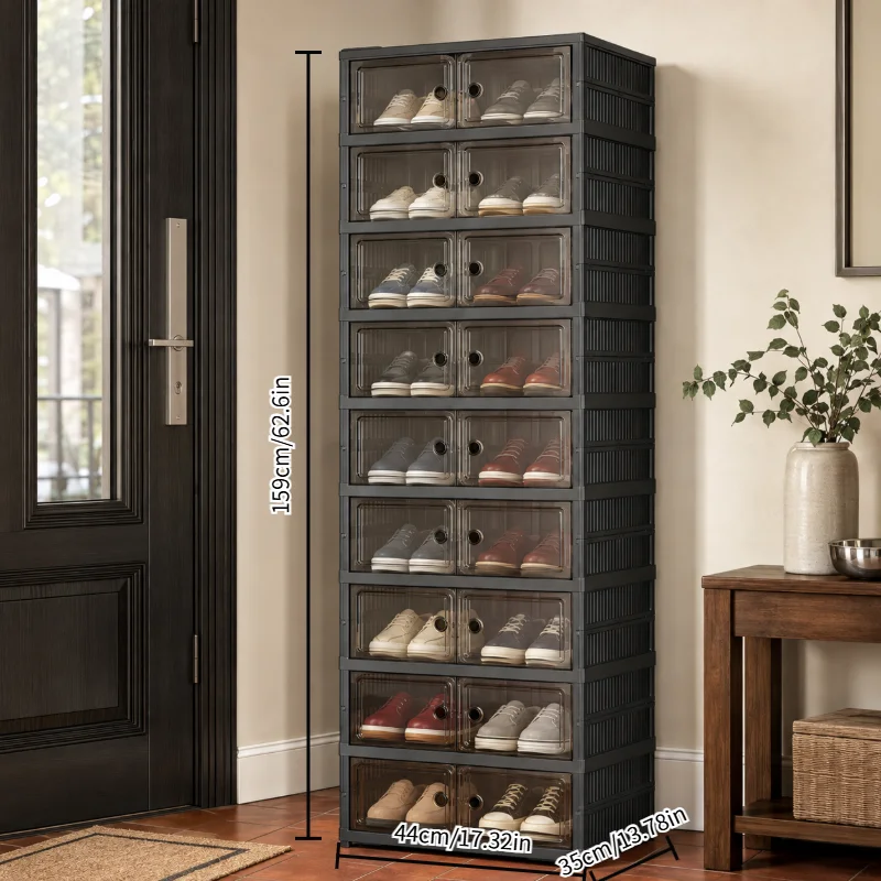 Foldable Shoe Storage Cabinet with Magnetic Clear Doors, 3/6/9-Tier Stackable Shoe Organizer for Entryway, Closet & Bedroom, Space-Saving Collapsible Sneaker Storage Rack with Wheels, Standard & Tall Compartments, Black view 7