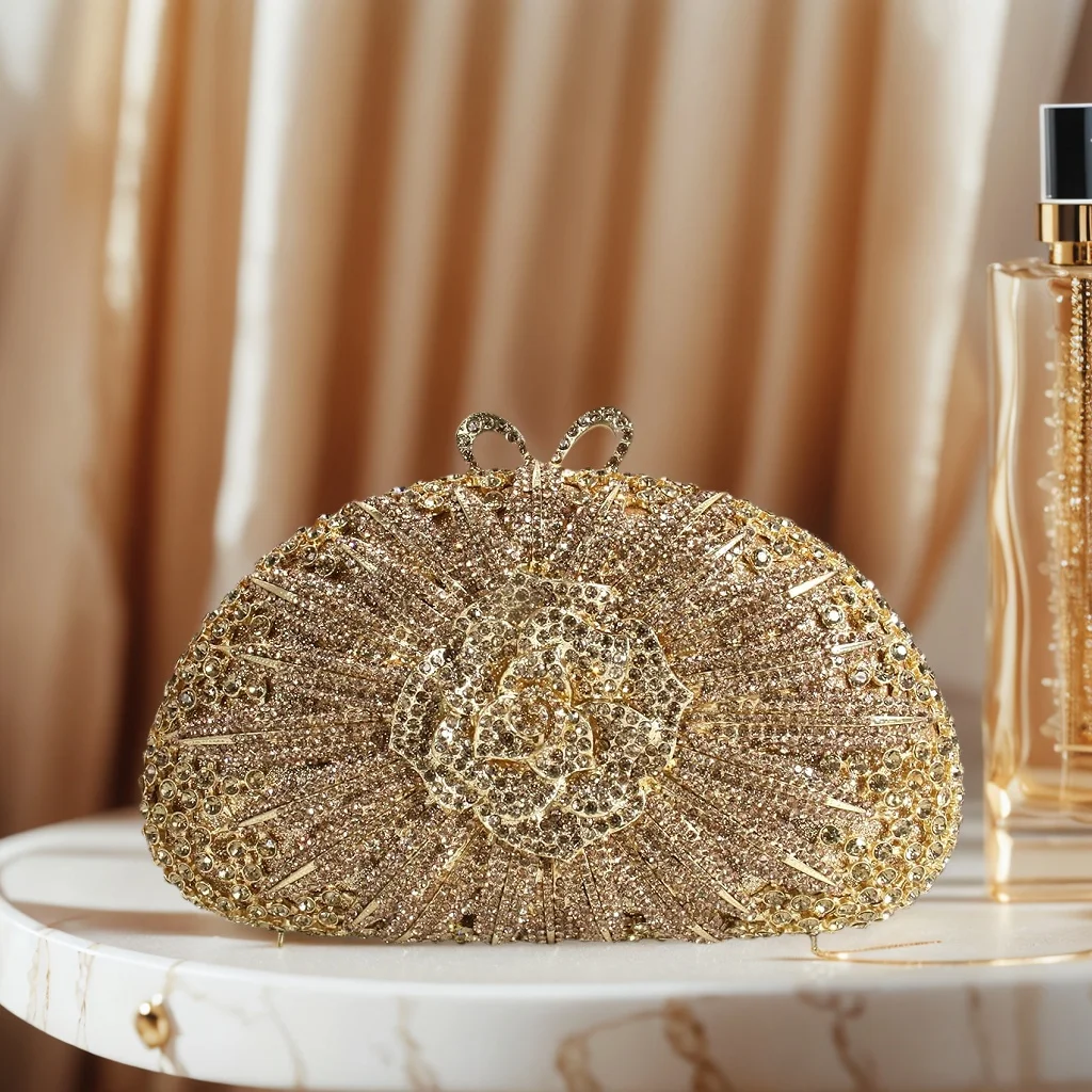 

Women Elegant Floral Rhinestone Evening Bag Dazzling Rose Crystal Clutch Purse Wedding Handbag for Banquet Prom Party