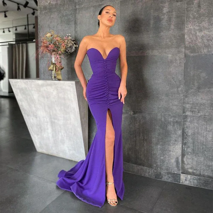 Vestidos de Noche largos de sirena púrpura para mujer, Sexy escote Corazón, botones de abertura alta, vestidos de fiesta de graduación, plisados, vestido Formal