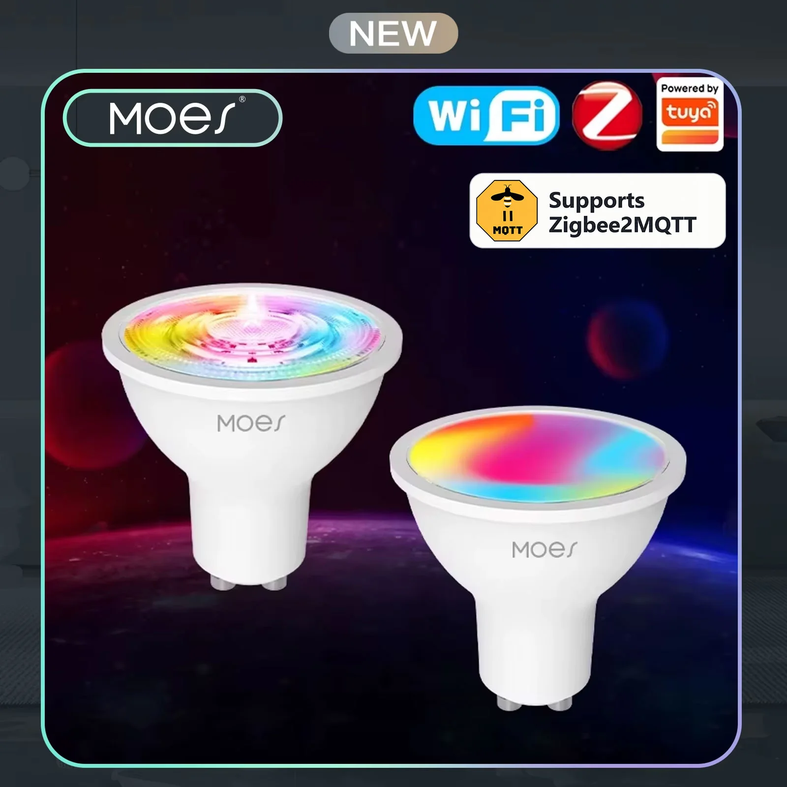 MOES 스마트 GU10 전구, RGB 색상 변경 및 밝기 조절 기능, Zigbee2MQTT/Wi-Fi 지원, Alexa/Google 음성 제어, 스마트 라이프용.