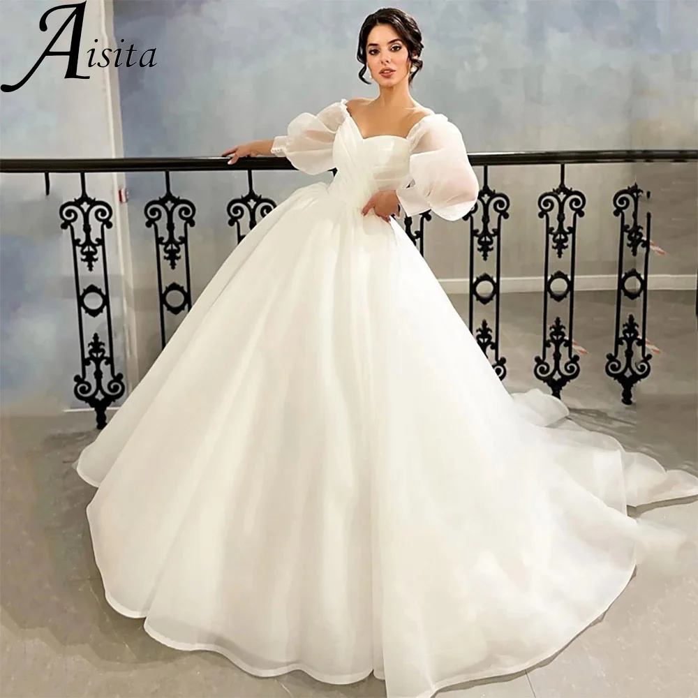 

Elegant Sweetheart Pleats Wedding Dress A Line Puffy Long Sleeves Bridal Gown Illusion Back Court Train Simple Vestidos De Novia