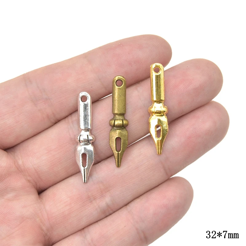 Wholesale 20pcs Three Color Ink Pen Nib Charms Alloy Metal Pendants For DIY Jewelry Accessories Making 32*7mm