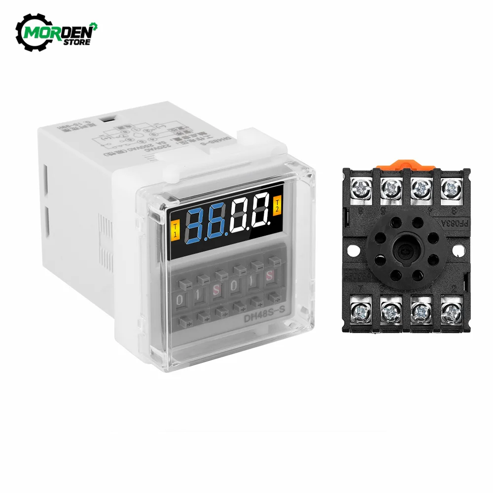 DH48S-S 0.1s-990h Relay AC 110V 220V DC 12V 24V Repeat Cycle SPDT Timer Switch Relay and Socket Base DH48S Din Rail Power Supply