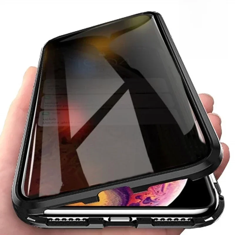 Magnetisch gehard glas Privacy Metal Case voor iPhone 15 14 13 12 XR 11 Pro MAX X 7 8 6 Plus 360 magneet Antispy beschermhoes - afbeelding 2