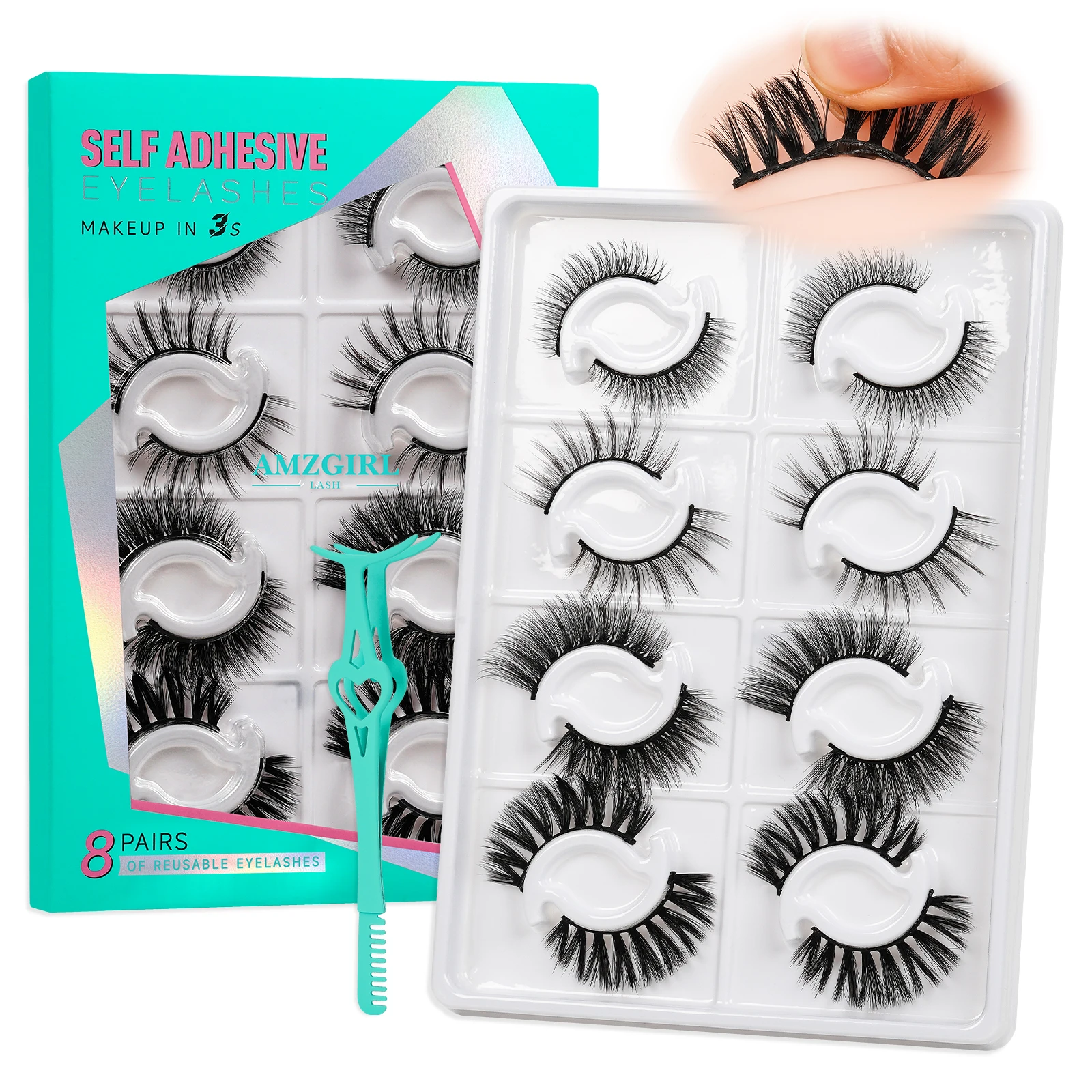 AMZGIRL LASH 8 Pairs Self Adhesive Eyelashes Lash Clusters No Glue Needed Reusable Adhesive Eyelashes with Tweezers