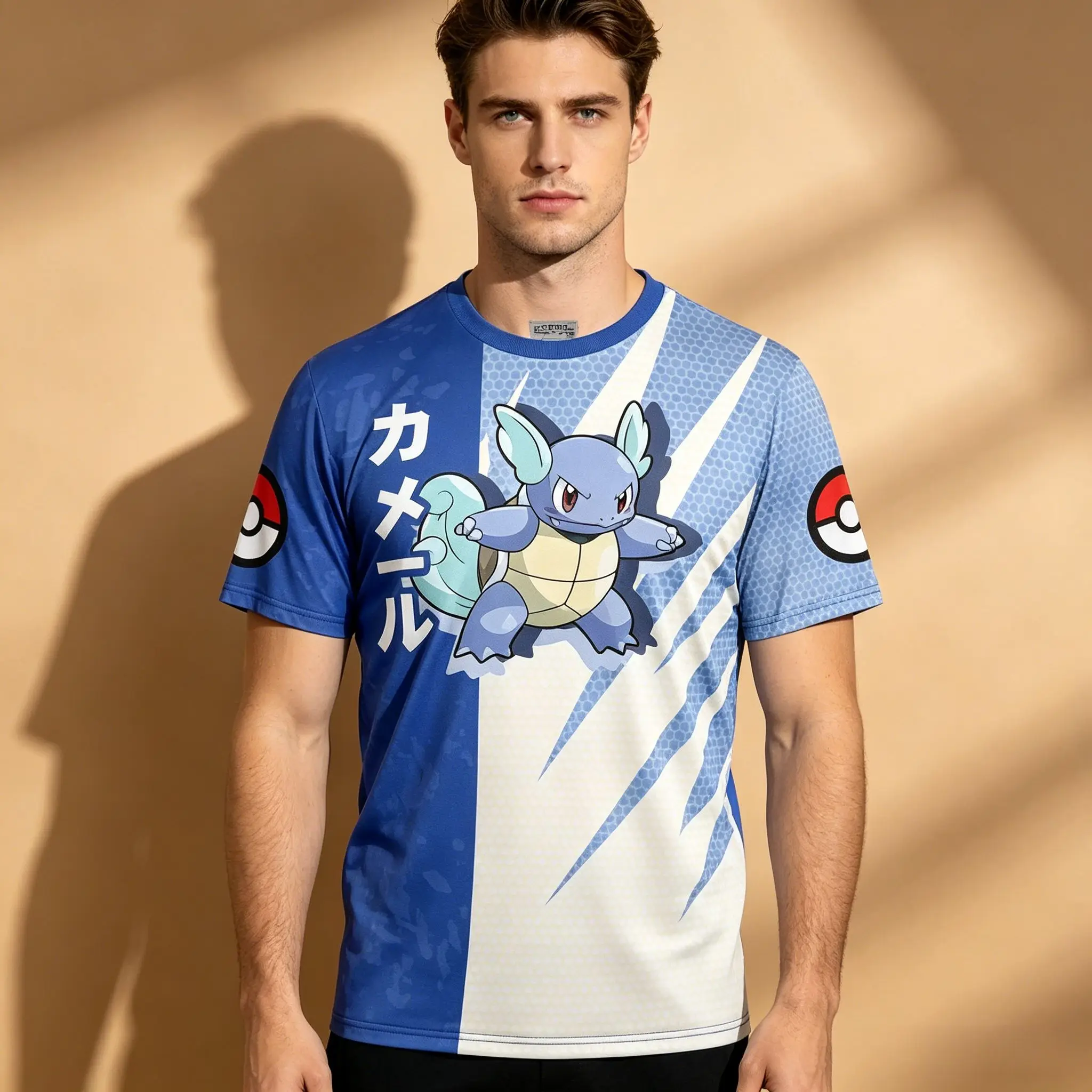 camiseta-masculina-com-estampa-de-anime-sublimada-em-dois-tons-estampa-de-pokemon-wartortle-pokeball-nas-mangas-kanji-japones-vertical