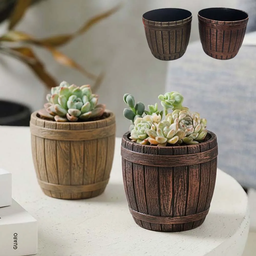 Macetas de plástico simulación de madera. - 11x9.5cm - Maceta de interior o exterior. Diseño rustico. Flores, plantas, macetas, jarrones, centro de mesa, decoración del hogar. No incluye flores