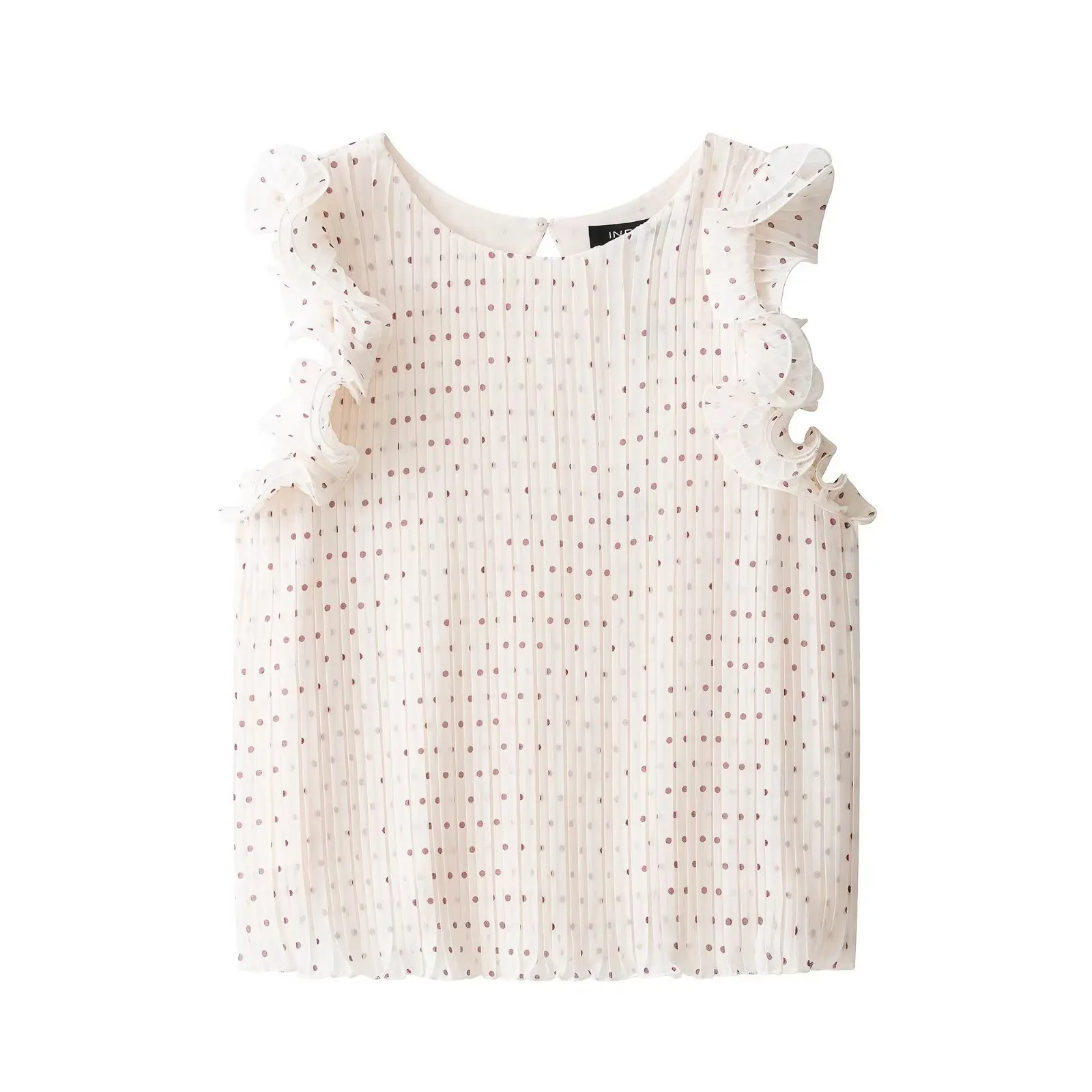 

Summer Women Polka Dot Pleated Shirt Ruffle Sleeveless Blouse Sexy Backless O-Neck Chiffon Top Elegant Casual Beach Party Tops