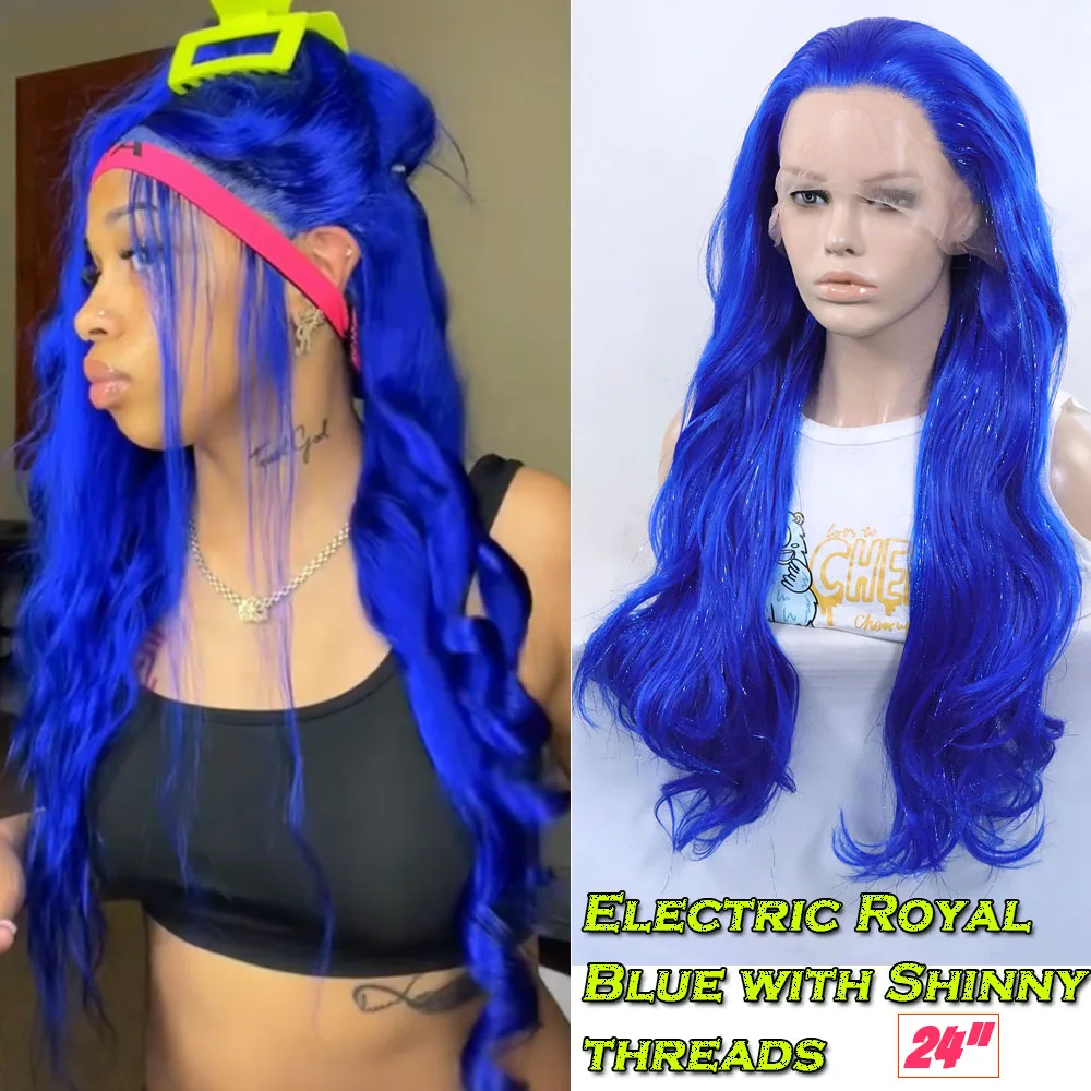 

Электронный парик с синими блестящими нитями, высококачественный, долговечный, с кружевной передней частью, для косплея, HD, женский парик, pelucas de mujer