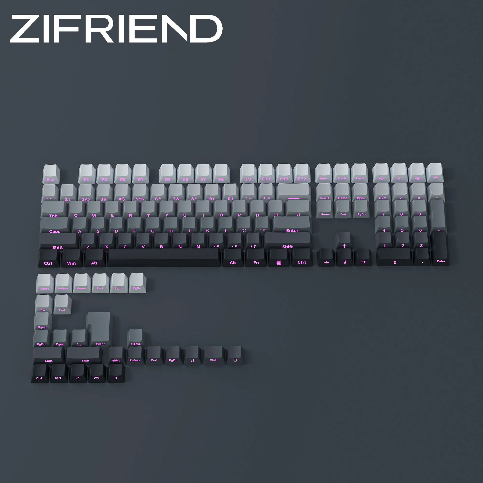 ZIFRIEND Gradient Gray Keycaps Side Printed OEM Height PBT Double Color Translucency 134 Keys For Mechanical Keyboard