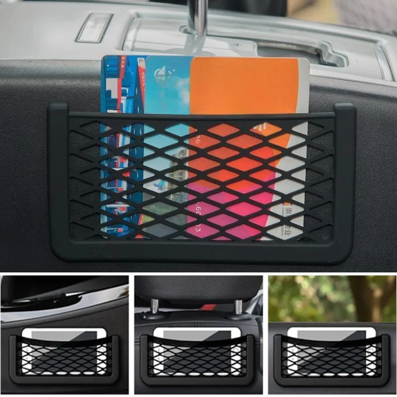 Grand sac de rangement de voiture à haute élasticité, filets adhésifs, organisateur de siège Auto, filet latéral de porte, clés de poche, cartes, lunettes, support de téléphone