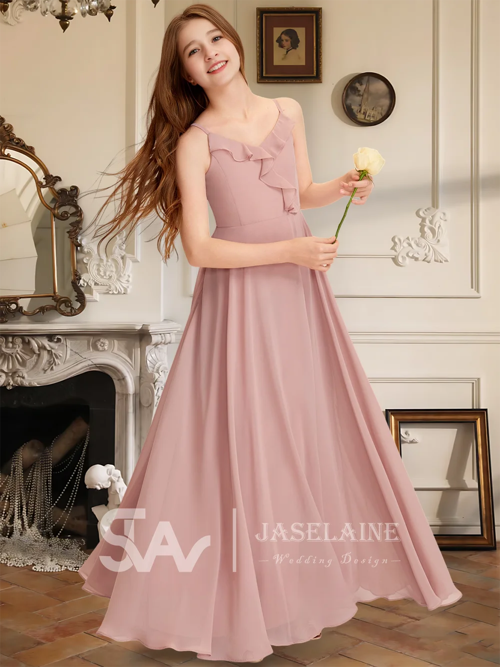 A Elegant A-Line V-Neck Floor-Length Chiffon Junior Bridesmaid Dress Flower Girl Dress Party Wedding Formal Occasion Teens Kids