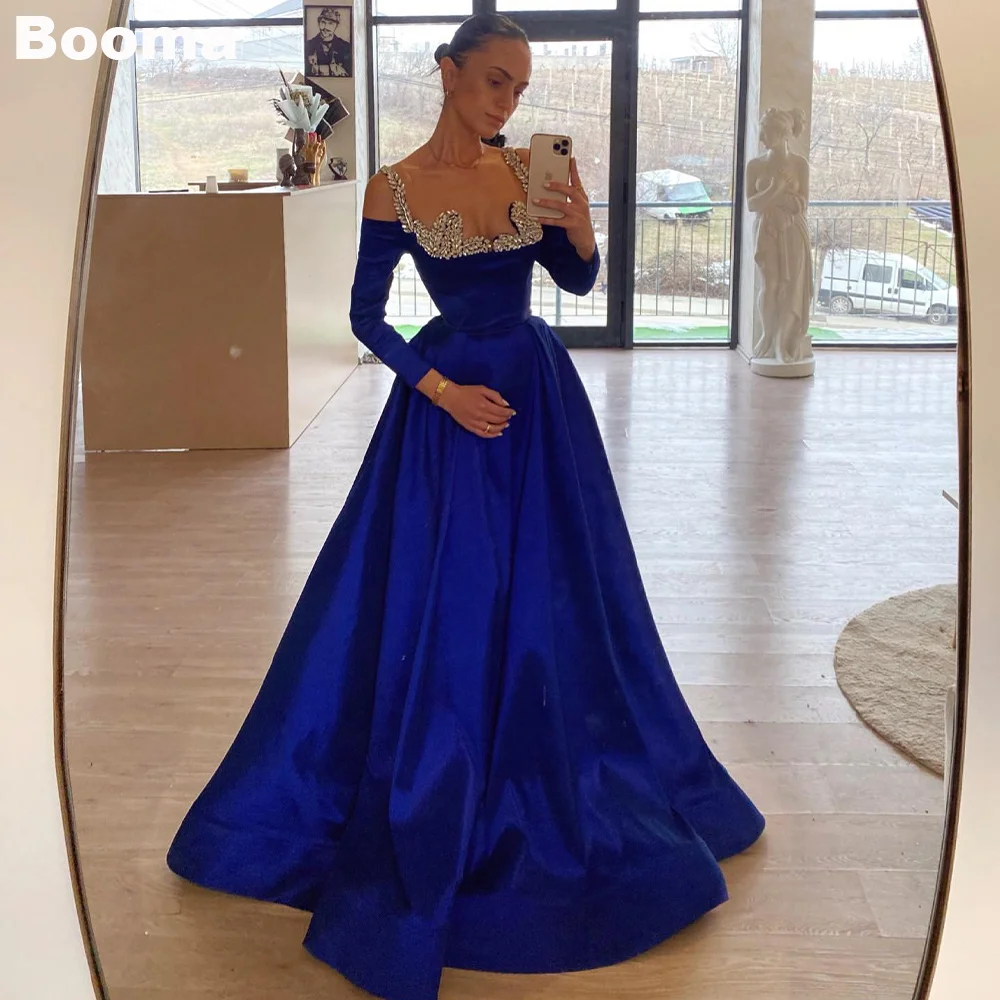 Booma A-Line Blue Long Evening Dresses Crystal Full Sleeves Formal Occasion Dresses for Women Saudi Arabic Party Prom Gowns