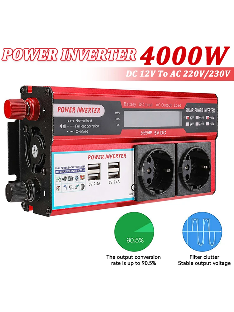 4000 W 3000 W Omvormer DC 12 V naar AC 220 V 230 V Transformator met 4 USB EU Sockets Opladen met LED Display - afbeelding 2